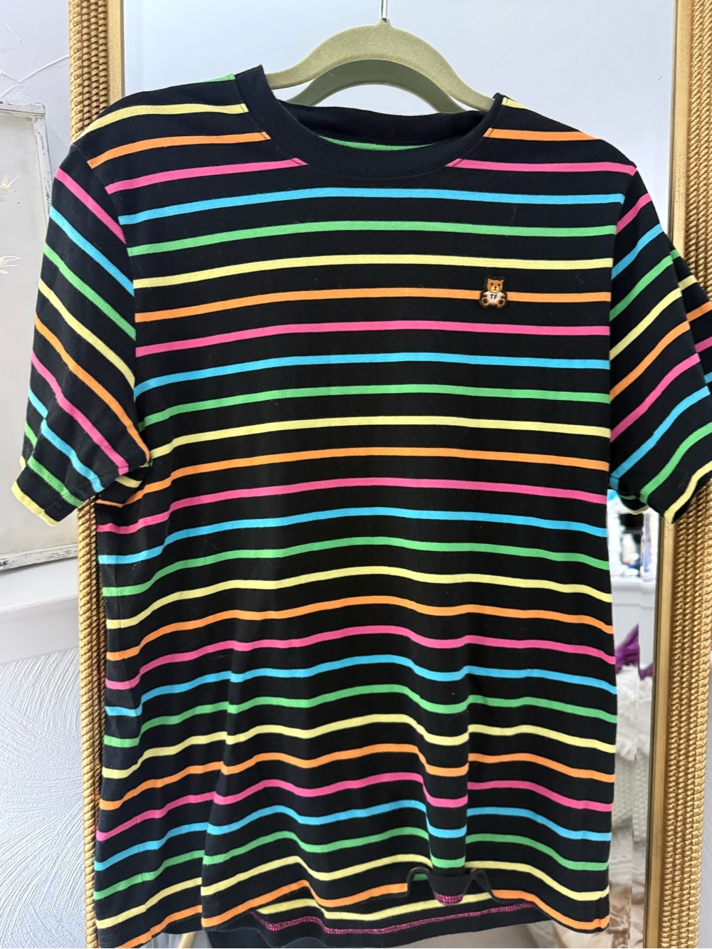 Teddy Fresh Black Tee with Rainbow Stripe Accents